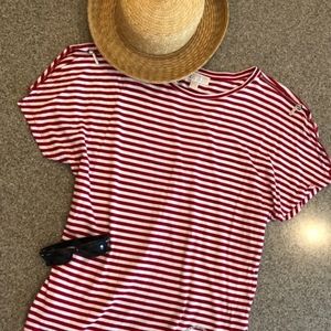 MICHAEL KORS Red Striped Casual Soft Short Sleeve Tee with Zipper